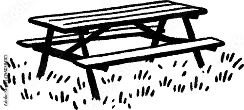 Hand drawn picnic table in open grassy area with rustic crayon texture