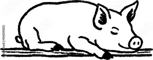 Relaxed pig lying on its side in black bold pencil sketch