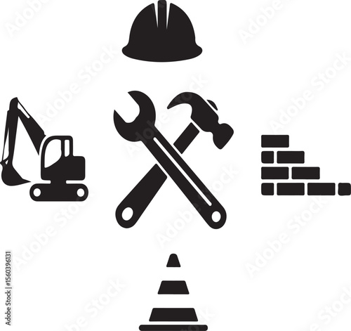 Construction and engineering icon set in black and white depicting essential tools and elements