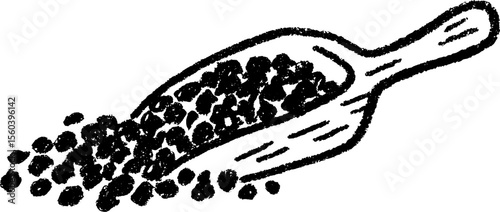 Rustic sketch of black peppercorns with wooden scoop for culinary design