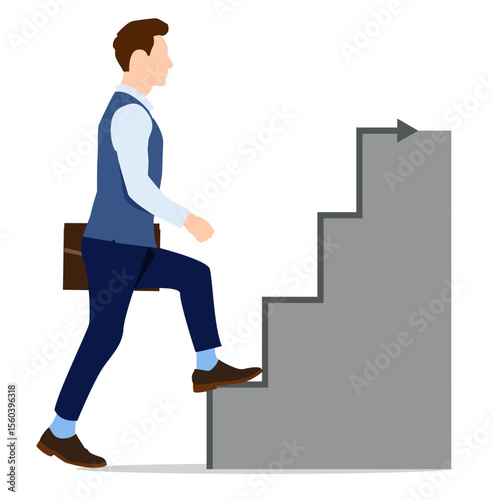 Professional, faceless man wearing suit trousers, vest, and shirt holds a briefcase while walking up a staircase. An upward arrow follows the steps: progress, improvement, career growth, and ambition.