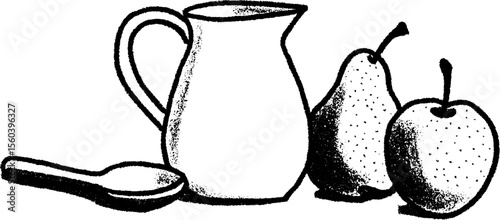 Still life sketch of pitcher with apples and spoon for art design