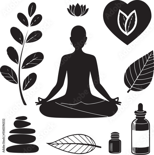 Serene black and white yoga illustration featuring meditating figure and nature elements