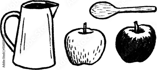 Hand drawn sketch of pitcher with apples and wooden spoon for kitchen decor