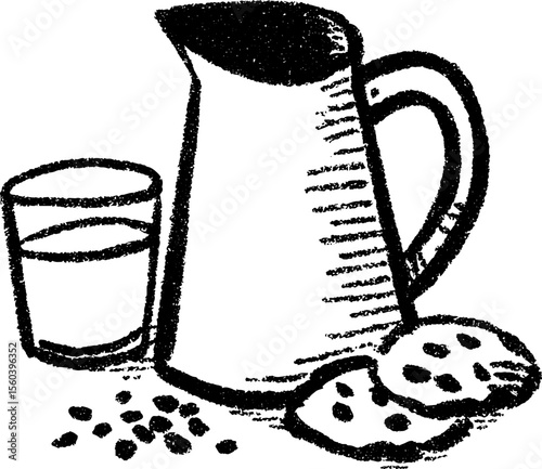 Rustic kitchen scene with milk pitcher and cracked biscuit sketch for food art