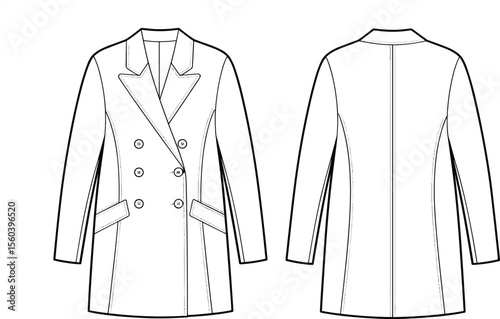 Double breasted long coat fashion flat, front and back view, technical sketch, cad vector, black outline design drawing