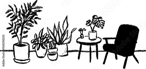 Cozy plant-filled sunroom with lounge chair sketch for home design ideas