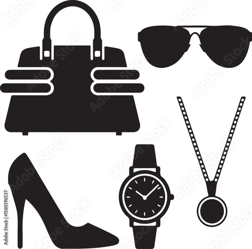 Vector illustration of stylish accessories including handbag sunglasses high heel watch and pendant