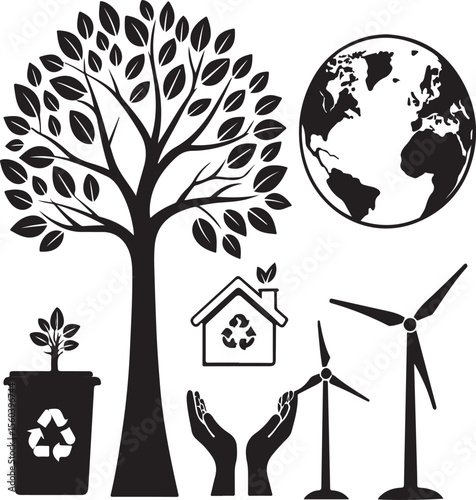 Black and white ecological symbols depicting sustainability and environmental protection