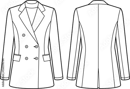 Women's Fashion Double-Breasted Blazer Jacket CAD Drawing Flat Vector Illustration, Professional Tailored Business Attire Outline Template, Contemporary Style