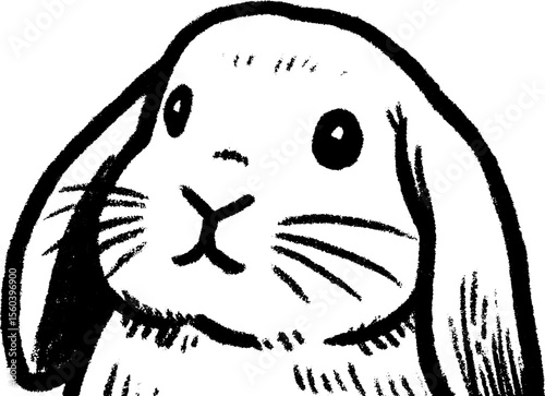 Cute plush rabbit sketch with floppy ears in black and white for playful design