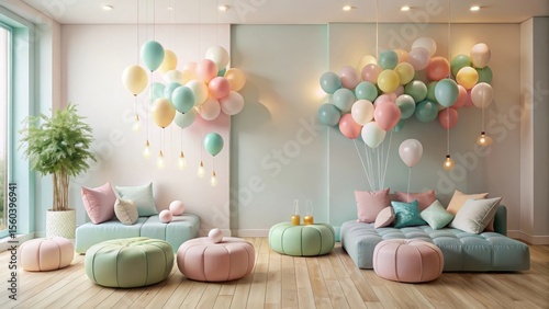 Pastel Balloon Decor in a Relaxing Living Space with Soft Furnishings and Stylish Lighting