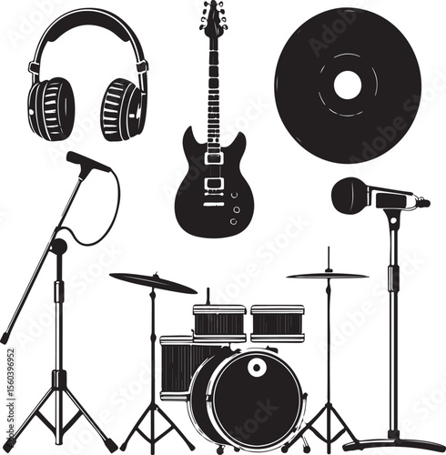Black and white silhouette illustration of musical instruments for music and sound design