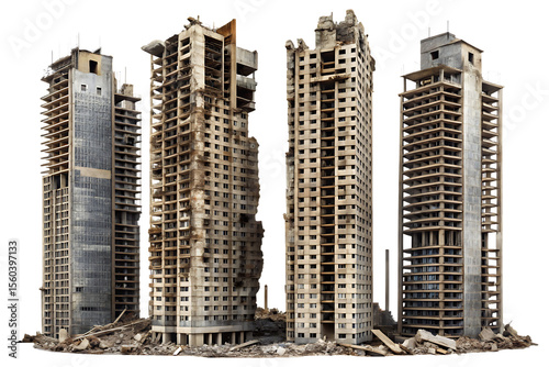 Group of unfinished and ruined concrete skyscrapers with debris at the base isolated on a transparent background