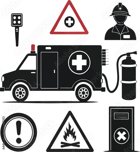 Emergency medical and fire safety icons vector set ambulance signs and symbols in black