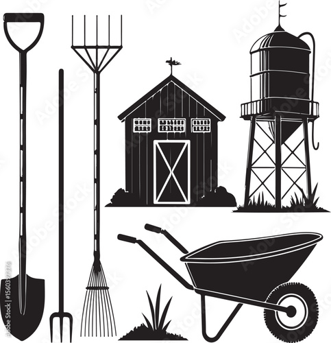 Farmyard silhouettes featuring shovel pitchfork rake barn water tower wheelbarrow and plants
