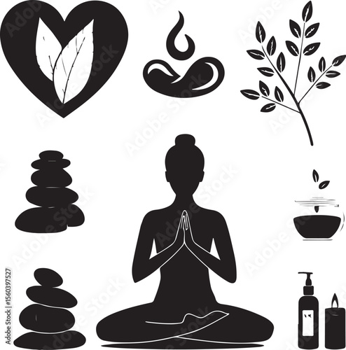 Serene black and white wellness illustration featuring yoga meditation and relaxation elements