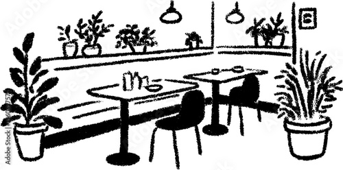 Sketch of a quiet eatery with booth seating and plants