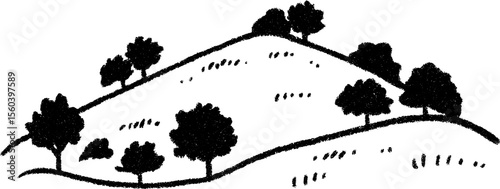 Serene hilltop sketch with scattered trees landscape design for art projects
