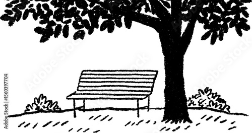 Tranquil park bench beneath shady tree sketch for relaxing nature design