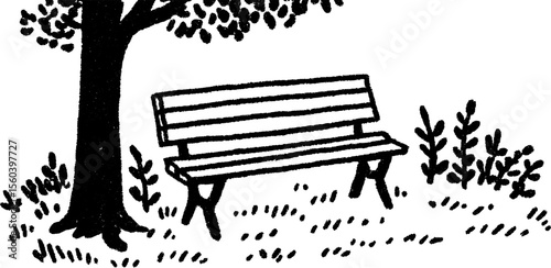 Peaceful park scene with bench and tree under shade for tranquil design
