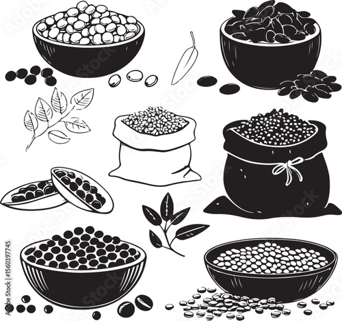Assortment of various beans and grains in bowls and sacks black and white illustrations