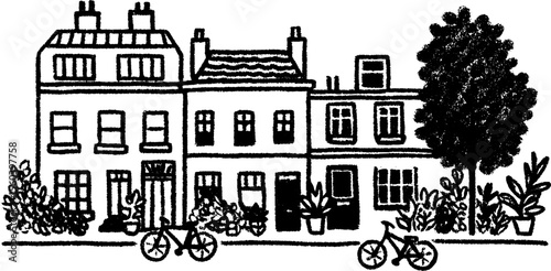Sketch of a quiet residential street with parked bicycles and scenic houses