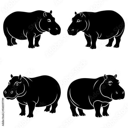 Four hippopotamuses in black silhouette standing in different positions on a white background design art