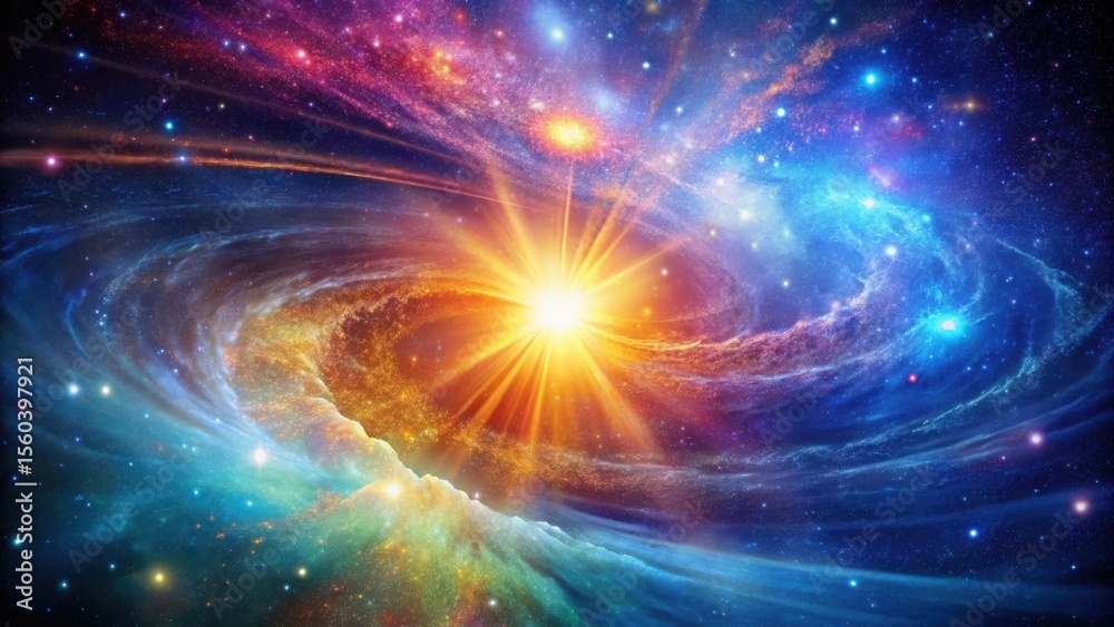 Naklejka premium Radiant Celestial Burst A swirling nebula of vibrant cosmic dust and glowing stars, illuminated by a brilliant, intensely radiant star at its core.
