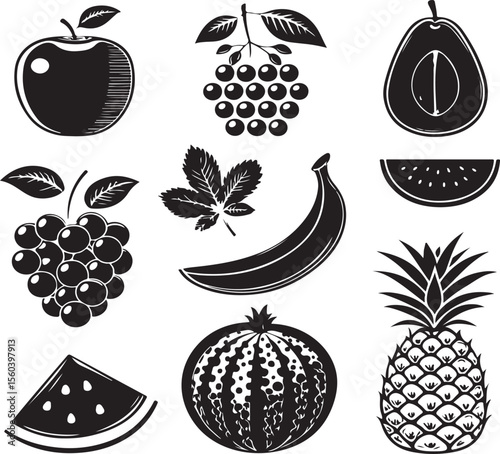Black and white silhouettes of various fresh fruits in a simple minimalist design