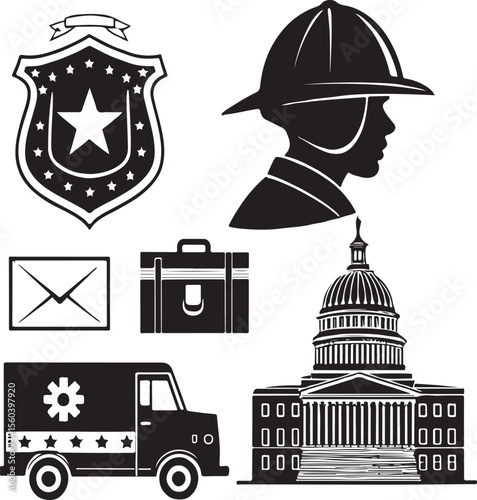Black and white vector illustrations representing essential government services and protection symbols
