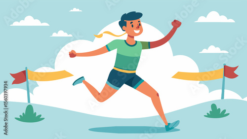 A runner finishing a marathon repeating positive mantras to themselves throughout the race.. Vector illustration