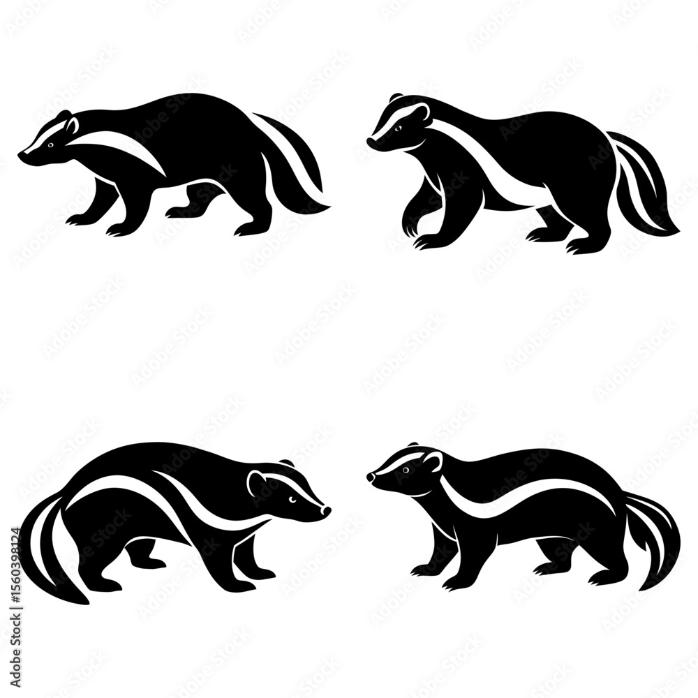 Obraz premium Four black and white badger illustrations in different poses on a white background design view