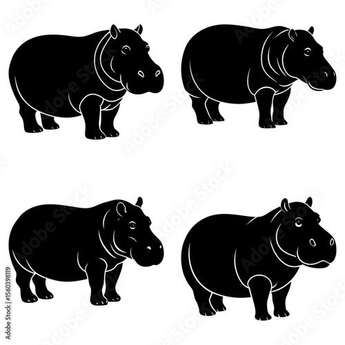 Four hippopotamuses in black silhouette standing on a white background in a symmetrical arrangement