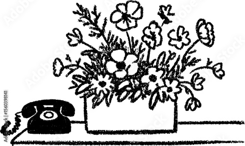 Charming reception desk sketch with phone and floral arrangement concept