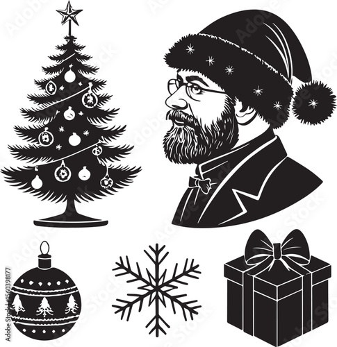 Elegant vector christmas elements featuring santa claus tree ornament snowflake and gift box