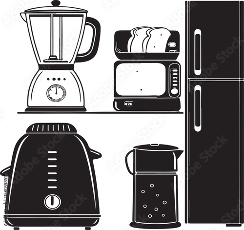 Modern kitchen appliances black and white vector illustration for home and culinary usage
