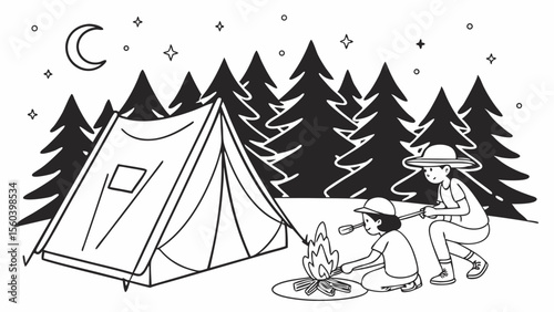 Line art coloring page, summer theme, a camping scene with a tent, campfire, stars in the night sky, forest trees, children roasting marshmallows, simple lines, no shading, black and whi