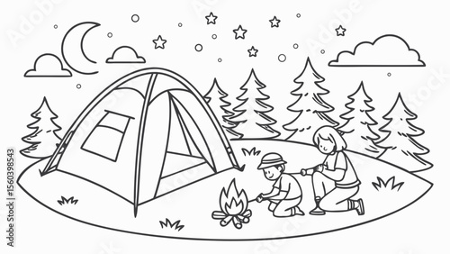 Line art coloring page, summer theme, a camping scene with a tent, campfire, stars in the night sky, forest trees, children roasting marshmallows, simple lines, no shading, black and whi