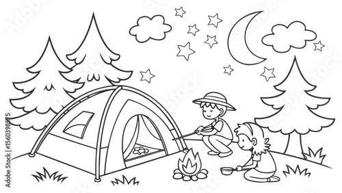 Line art coloring page, summer theme, a camping scene with a tent, campfire, stars in the night sky, forest trees, children roasting marshmallows, simple lines, no shading, black and whi
