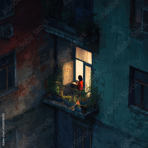 A woman stares out the window from an isolated corner of her cozy apartment. 