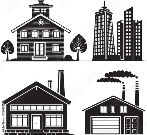 Vector illustration of diverse buildings depicting residential industrial and commercial architecture