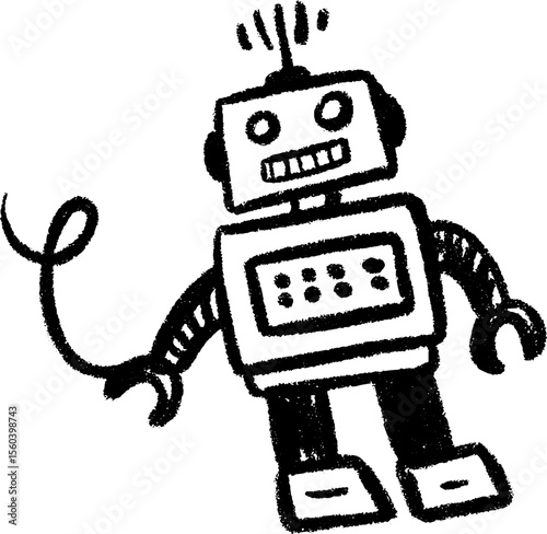 Playful robot toy with antenna and square feet in hand drawn sketch art