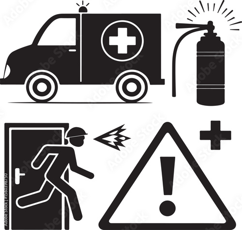 Vector illustration of emergency services symbols including ambulance fire extinguisher and warning sign