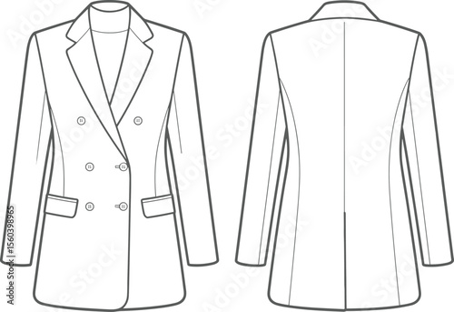 Double breasted women’s blazer fashion flat, technical cad drawing vector illustration, tailored long sleeve coat design template for apparel design