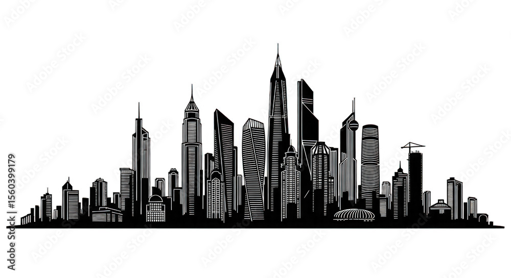 Fototapeta premium White Illuminated City Skyline Silhouette Against Black Background Modern Urban Architecture Isolated Transparent Background