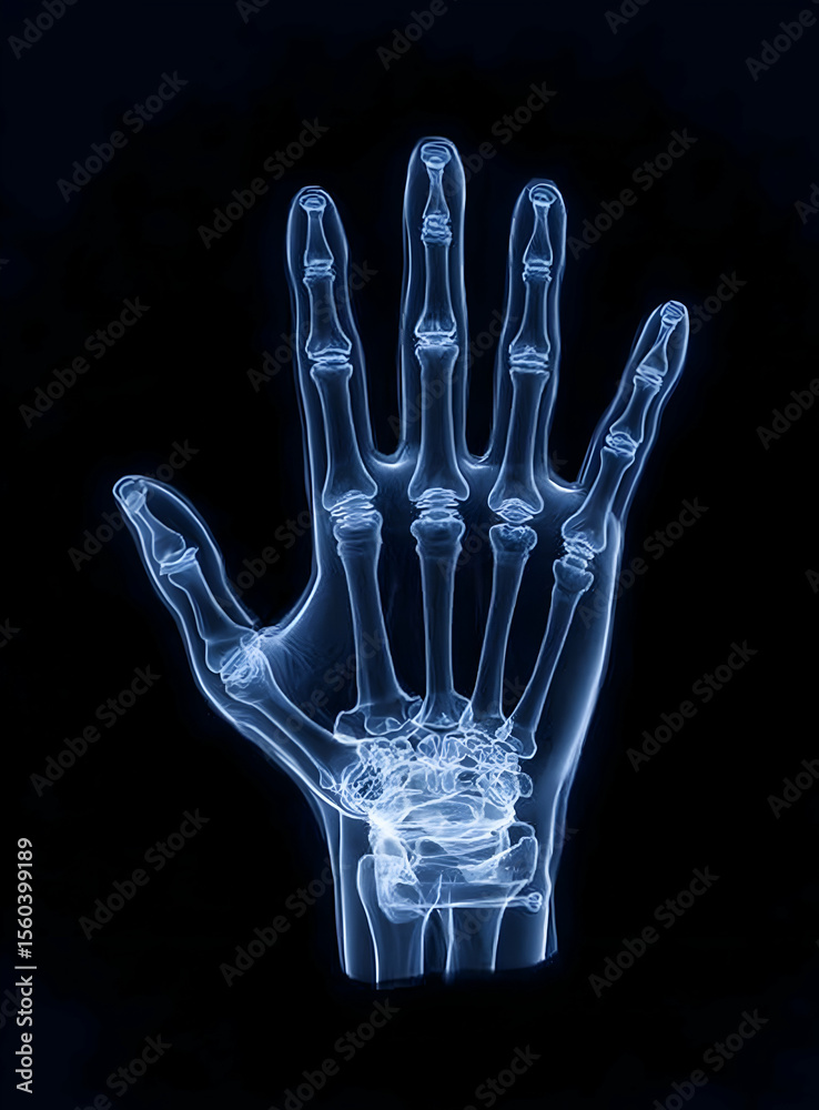 Naklejka premium A detailed X-ray image of a human hand showcasing bone structure and joints for medical or educational purposes.
