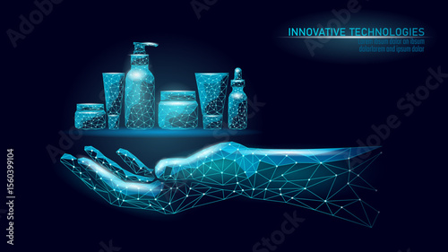 Cosmetics products concept in human hand. Skincare beauty items held with modern digital look. Beauty spa healthcare hygiene. Dark backdrop low poly polygonal vector style