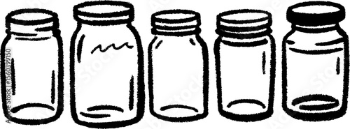 Black and white hand-drawn sketch of glass jars filled with preserves