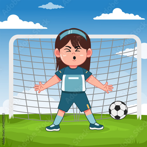 Cute Girl Cartoon Character Playing Football Goal Pose